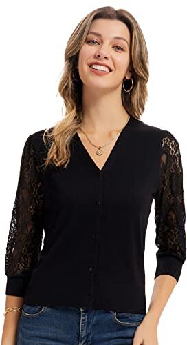 GRACE KARIN Cardigan Donna Elegante Corta Maglieria Casual Manica 3/4 in Pizzo Trasparente Nero M