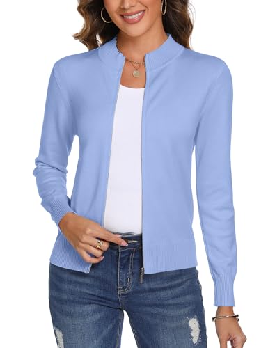 Aottori Maglione Donna con Zip Cardigan Cerniera Leggero Golfino a Maniche Lunghe Giacca in Maglia Elegante Pullover Aperta Casual per Primavera Autunno Azzurro M