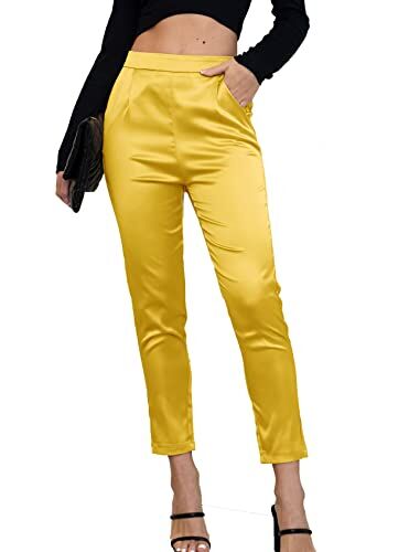 Fakanhui Abito da donna in raso di seta casual elastico a vita alta elasticizzato pantaloni eleganti pantaloni, C03 Giallo, M