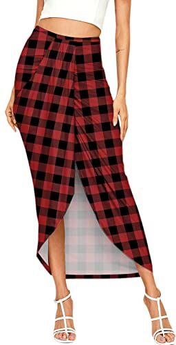 KEERADS Gonna Velluto A Costine Womens Flower Plaid Stampe Draped Slit High Elastic Waist Casual Gonna Avvolgere Vita Asimmetrica Gonna Pelle Lunga (Red-B, M)