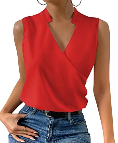 ORANDESIGNE Canotta Elegante Donna Cerimonia Curvy Maglietta Senza Maniche Estiva Canottiera Scollo A V Top Ufficio Camicie Bluse Moda Causal Camicia Sexy Sera Sottogiacca Camicetta a Rosso L