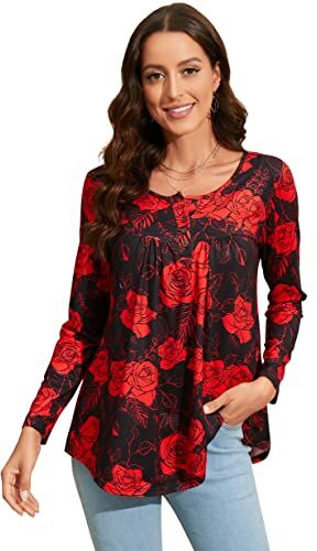 Enmain Tunica a Maniche Lunghe Donna con Piccolo Scollo a V per Leggings Larghi e Lunghi Camicetta a Tunica da Donna T-Shirt da Donna abbottonata con Stampa Floreale Taglie Forti, L1-Rosso/Nero, 3XL