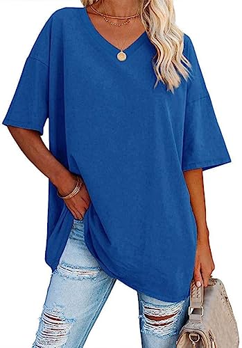 WINKEEY Maglietta da Donna Oversize Estiva a Manica Corta con Scollo a V Allentata t Shirt Basic Tee, Blu XL