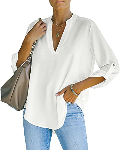 NONSAR Camicetta da donna Henley, elegante, con scollo a V, maniche arrotolabili, in stile casual, bianco, XXL