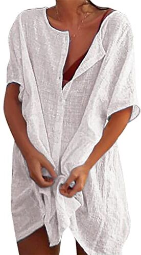 Svanco Copricostume Donna Mare Abiti Lunghi Estivi Camicia da Spiaggia Camicetta in Cotone Elegante Vestiti Corti Costumi da Bagno Bikini Cover Up per Piscina Mare Estate Vacanza(Bianco,S)