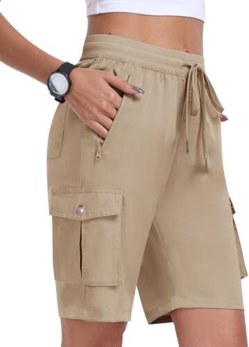 MoFiz Pantaloncini Cargo Trekking Donna Bermuda Estivi Pantaloni Corti Vita Elastica Leggeri Pantaloncini da Escursionismo Sportivi Jogging Casual Esterno con 6 Tasche Cachi Taglia EU M