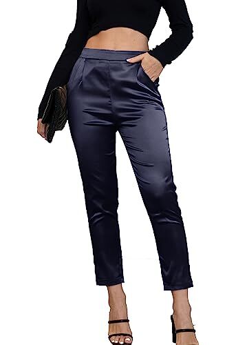 Fakanhui Abito da donna in raso di seta casual elastico a vita alta elasticizzato pantaloni eleganti pantaloni, C03 Blu Scuro, XL