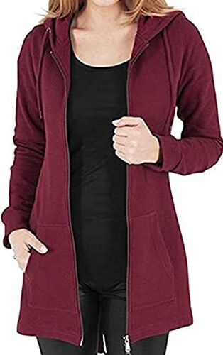 Tuopuda Donna Felpe con Cappuccio Giacca Elegante Scollo a V Top Manica Lunga Cardigan Felpe con Zip 2 Tasche Autunno Invernali Sweatshirt Cappotto Eleganti Pullover Hoodie Jumper, Vino Rosso, M