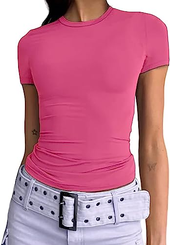 KUKEYIEE Maglietta di Base Slim Fit Top Manica Corta Y2K Top TikTok Influence Crop Top Club Party Streetwear(Pink-1, M)