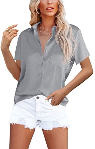 Homlan Camicia da Donna Elegante con Scollo a V, in Raso, a Maniche Corte, Casual, con Tasca sul Petto, Grigio., S