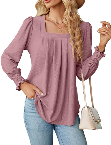 Heersan Maglietta da Donna con Collo Quadrato Camicia Manica Lunga Elegante Bluse Basic Tee Shirt Top di Moda Maglietta Casual Tinta Unita Autunno Primavera Tunica(S-XXL)