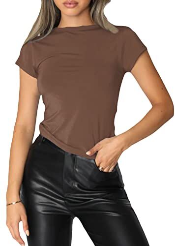 KUKEYIEE Maglietta di Base Slim Fit Top Manica Corta Y2K Top TikTok Influence Crop Top Club Party Streetwear(Brown-1, S)