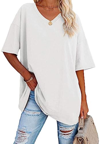 WINKEEY Maglietta da Donna Oversize Estiva a Manica Corta con Scollo a V Allentata t Shirt Basic Tee, Bianco M