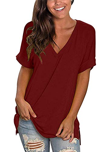 CMTOP T-Shirt Donna Estiva Cotone V Scollo Tinta Unita Maglietta Manica Corta Top Casual Case Camicie Orlo Arrotondato Lungo per Feste