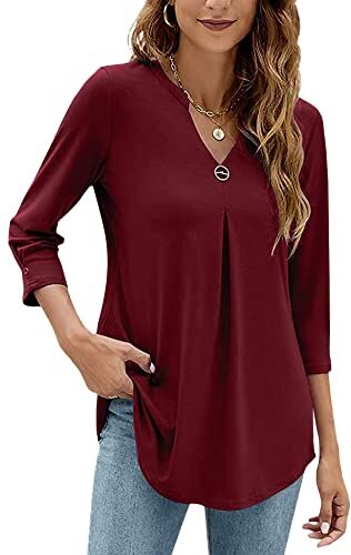 HANERDUN Camicetta Donna Manica a 3/4 Blusa Camicia con Scollo a V Tinta Unita Top Tunica Elegante