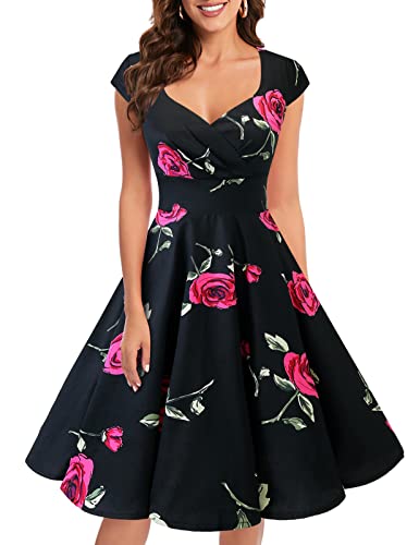 Bbonlinedress Women's Vintage 1950s cap Sleeve Rockabilly Cocktail Dress Multi-Colored Black Red Brose XS