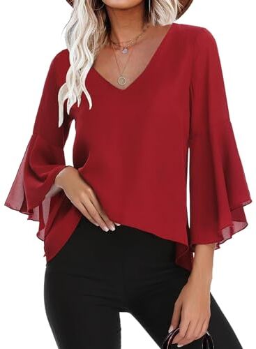 Gyabnw Camicetta Donna Casual in Chiffon Estiva Camicia Elegante Traspirante di 3/4 Manica a Volant Scollo a V Blusa Leggero Classiaca Rosso, XXL