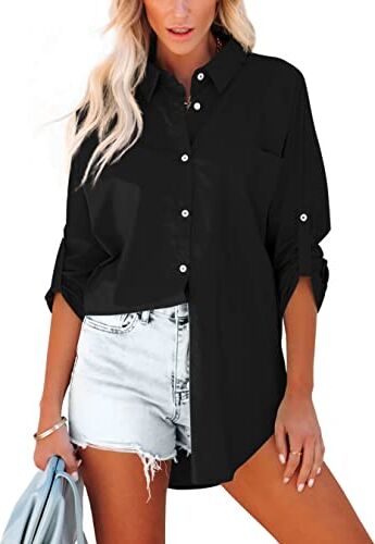 Homlan Camicia da Donna in Cotone, a Maniche Lunghe, Arrotolabile, Elegante, Casual, con Bottoni, Tinta Unita, a Maniche Lunghe, con Tasche sul Petto, Nero, L