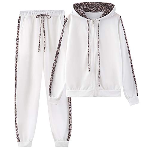 amropi Donna Tuta Sportiva Set Leopardato Maniche Lunghe Felpa con cappuccio e Jogging Pantaloni (Bianco, 4XL)