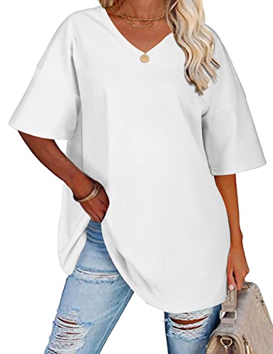 heekpek T Shirt Donna Cotone Scollo a V Oversize Magliette Donna Manica Corta Estive Casual Classica Tee Shirt Top, Bianco, S