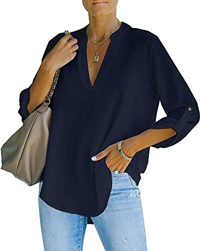 NONSAR Camicetta da donna Henley, elegante, con scollo a V, maniche arrotolabili, in stile casual, Blu scuro, S