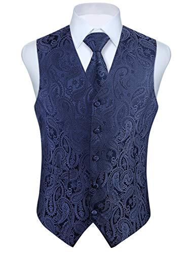HISDERN Gilet da uomo Paisley floreale jacquard floreale cravatta tasca quadrata fazzoletto vestito set Blu navy