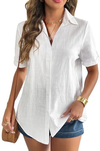 WINKEEY Camicia Donna Elegante Bluse e Camicie Cotone Camicetta Manica Corta Lino Maglia Scollo a V Blusa Maglietta Casual Business Top con Bottoni,Bianco S