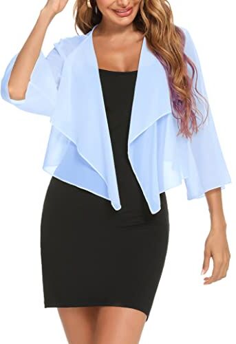 Aottori Coprispalle Donna Chiffon Elegante Bolero Maniche 3/4 Cardigan Estivo Corto Giacca Trasparente Leggero per Cerimonia Festiva Azzurro L