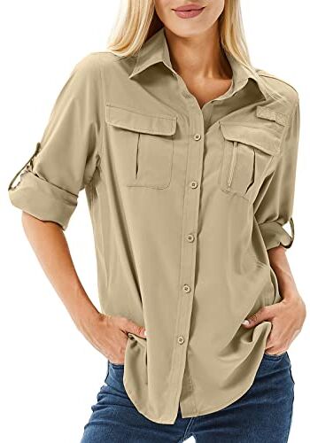 yeyity Camicia da donna UPF 50+, protezione UV, a maniche lunghe, da donna, ad asciugatura rapida, per l'estate, per l'escursionismo, Khaki5071, XL