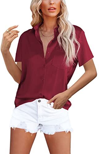 Homlan Camicia da Donna Elegante con Scollo a V, in Raso, a Maniche Corte, Casual, con Tasca sul Petto, Vinaccia, S