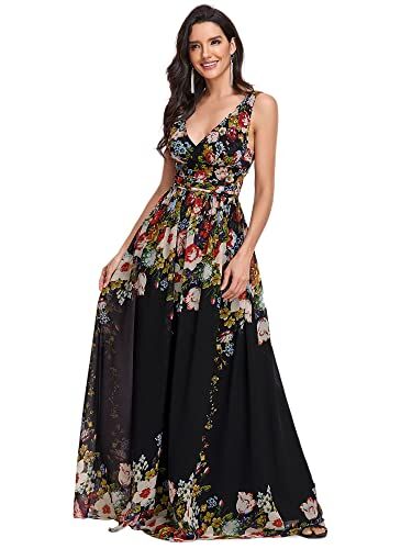 Ever-Pretty Vestito da Cerimonia Donna Linea ad A Stile Impero Chiffon Scollo a V Senza Maniche Nero e Stampato 48