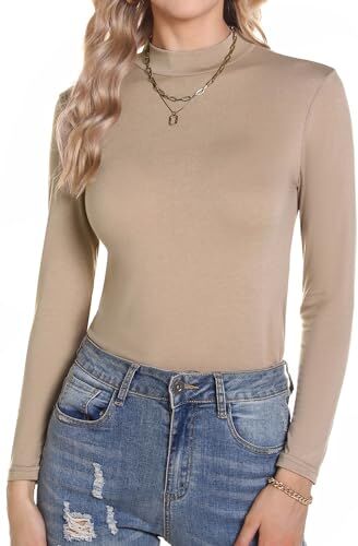 Aottori Maglia Donna Cotone Maglietta Collo Alto Lupetto Manica Lunga Dolcevita Aderente Sottogiacca Invernale Basic Top Elegante Cachi XXL