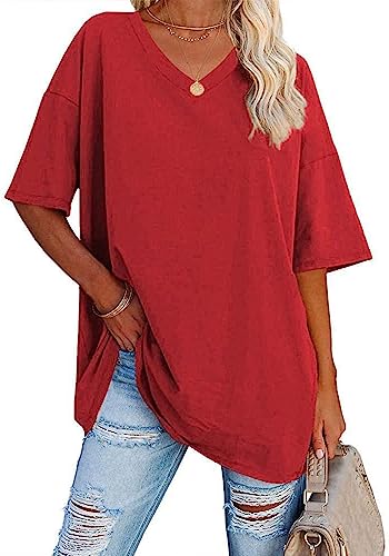 WINKEEY Maglietta da Donna Oversize Estiva a Manica Corta con Scollo a V Allentata t Shirt Basic Tee, Rosso M