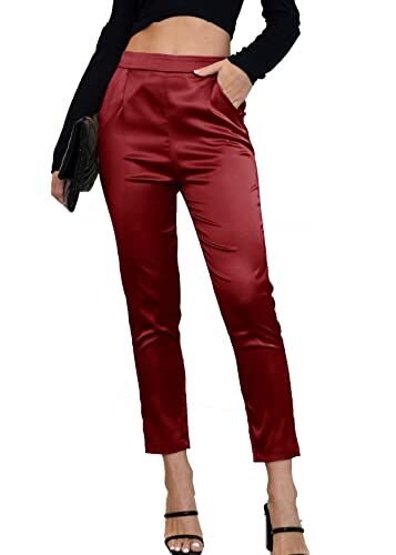 Fakanhui Abito da donna in raso di seta casual elastico a vita alta elasticizzato pantaloni eleganti pantaloni, C03 Rosso Classico, M