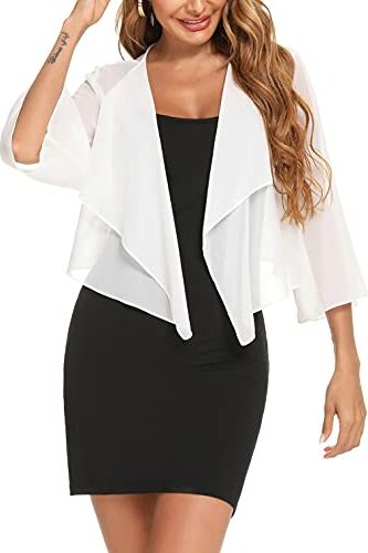 Aottori Coprispalle Donna Elegante Bolero Chiffon Maniche 3/4 Cardigan Corto Estivo Trasparente per Cerimonia Festiva Bianco XL