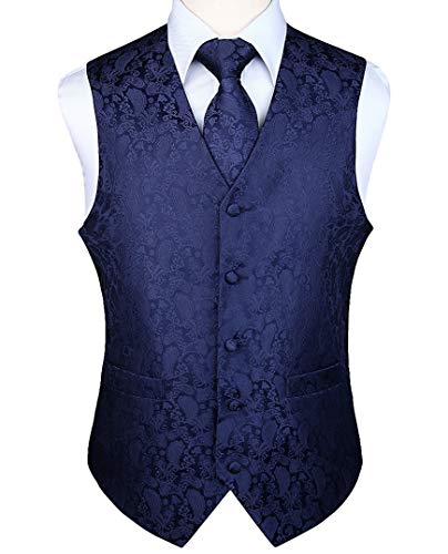 HISDERN Gilet da uomo Paisley floreale jacquard floreale cravatta tasca quadrata fazzoletto vestito set Blu navy