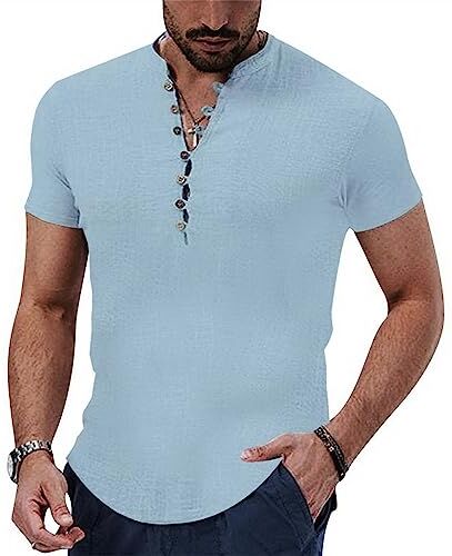 NIBESSER Camicia Lino Uomo Maniche Corte Camicia Uomo Elegante Estiva Camicia Coreana Uomo Casual con Bottoni Henley Shirt Tinta Unita Traspirante per Mare Spiaggia Vacanza, Celeste, S