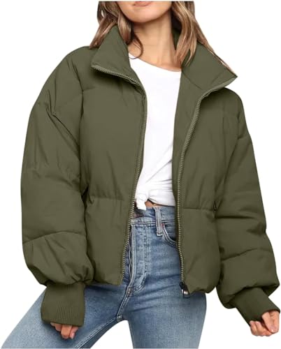 CROKZ Piumino invernale da donna corto con zip intera manica lunga tasca calda trapuntata imbottita a bolle cappotto / 210 (Color : #2 Army Green, Size : X-Small)