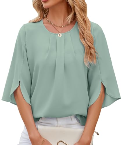 OLIPHEE Classico Camicia Girocollo Donna Manica a 1/2 Chiffon Blusa Plissettata Estiva Elegante Top (L, Verde Chiaro)