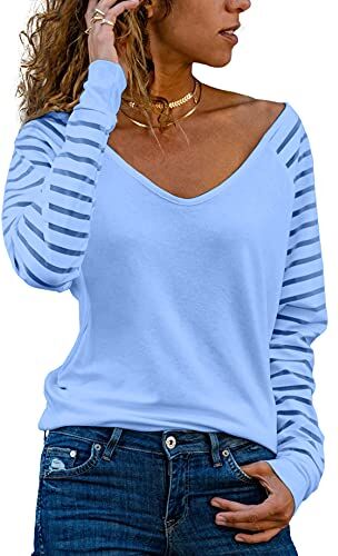 Homlan . Maglietta a maniche lunghe da donna, con scollo a V, in tessuto mesh, elegante, casual, Azzurro, L