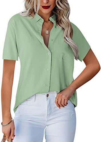 Homlan Camicia da Donna con Scollo a V, a Maniche Corte, Elegante e Casual, con Bottoni, in Tinta Unita e con Tasca sul Petto, Verde Chicchi, XXL