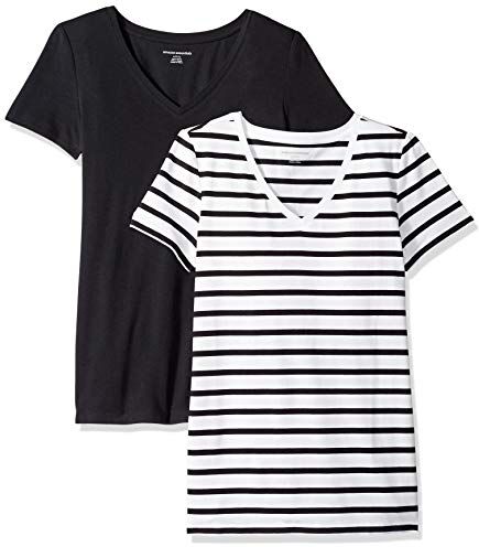 Amazon Essentials T-Shirt con Scollo a v a Maniche Corte con vestibilità Classica Donna, Pacco da 2, Bianco Righe/Nero, XXL