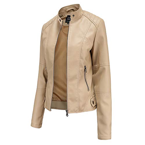 Hiser Giacca Corta da Donna in Pelle PU Giacca Tasche con Cerniera Vintage Cappotti Manica Lunga l'autunno e l'inverno Bike Motocicletta Giacchetto Jacket (Albicocca,S)