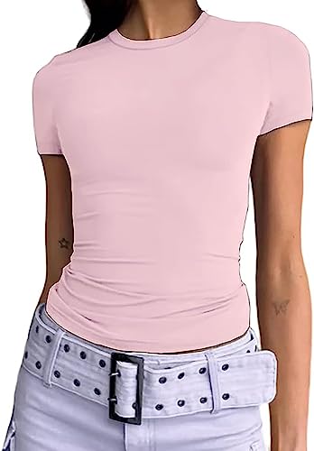 KUKEYIEE Maglietta di Base Slim Fit Top Manica Corta Y2K Top TikTok Influence Crop Top Club Party Streetwear(Light Pink-1, M)