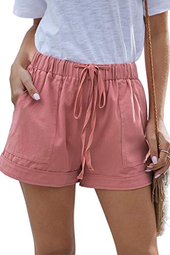 HVEPUO Donna Cotone Lino Pantaloncini Corti con Tasche Vita Bassa Pantaloni Ragazza Corti Linen & Cotton Casual Short Donna Estivi Rosa polverosa XL