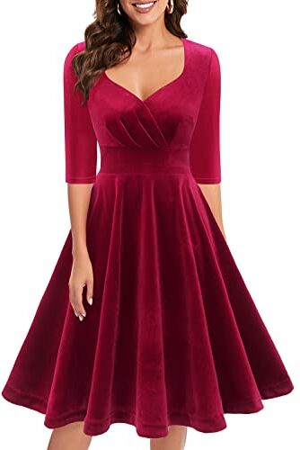 Bbonlinedress Abiti di Natale Donne 3/4 Manica Scollo a V Abiti al Ginocchio Festive Velluto Abiti Elegante Abito Inverno Abito da Cocktail Dark Red 2XL