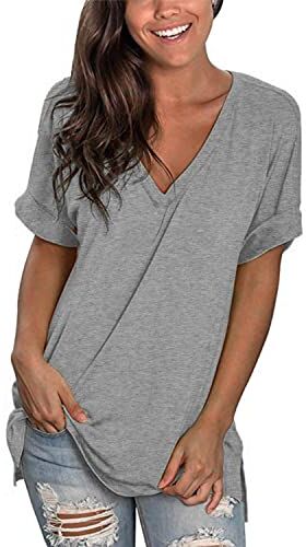 CMTOP T-Shirt Donna Estiva Cotone V Scollo Tinta Unita Maglietta Manica Corta Top Casual Case Camicie Orlo Arrotondato Lungo per Feste