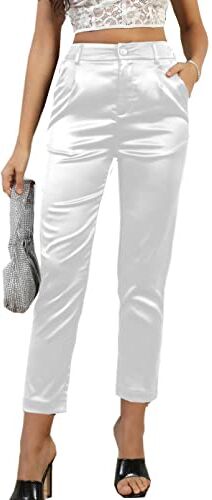 Fakanhui Abito da donna in raso di seta casual elastico a vita alta elasticizzato pantaloni eleganti pantaloni, K1 Bianco, L