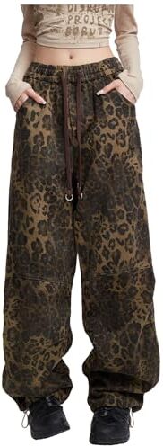 Surttan Jeans con Leopardo Marrone Chiaro da Donna e da Uomo Pantaloni da Donna Oversize a Gamba Larga Pantaloni da Strada Stile Hip Hop Vintage in Cotone Largo Casual Tan Leopard Jeans