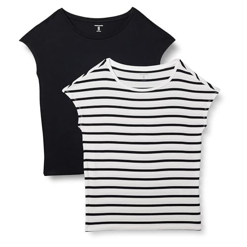 Amazon Essentials T-Shirt con Scollo a Barca e vestibilità Standard a Maniche Corte in Jersey Donna, Pacco da 2, Bianco Marinara/Nero, XS